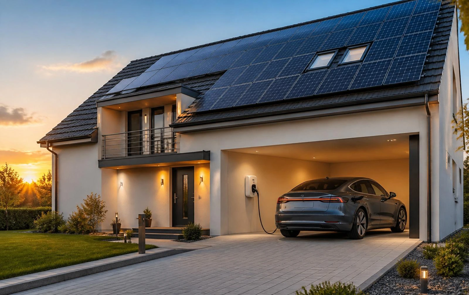 Casa com painéis solares e carro elétrico plugado no Wallbox